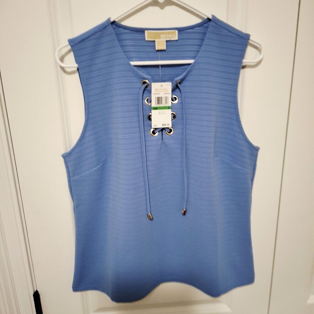 Michael Kors Sleeveless Top Front Lace-up Detail Light Blue Size Large New w/Tag